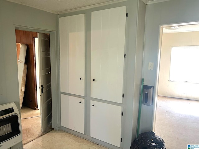 hallway featuring crown molding, heating unit, and light colored carpet