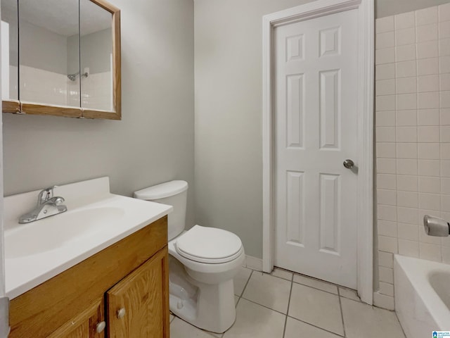 full bath with tile patterned flooring, shower / washtub combination, toilet, and vanity