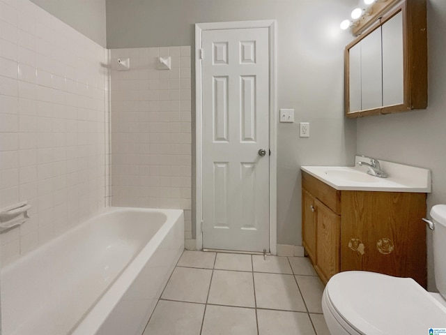 full bath with tile patterned floors, toilet, bathtub / shower combination, and vanity