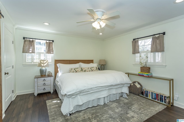 bedroom featuring ornamental molding, wood finished floors, recessed lighting, baseboards, and ceiling fan