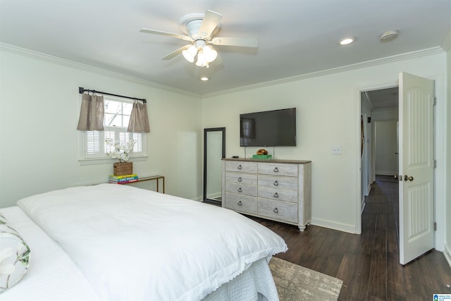 bedroom with recessed lighting, baseboards, ornamental molding, and dark wood-style flooring