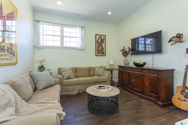 living area with recessed lighting, dark wood-style flooring, and ornamental molding