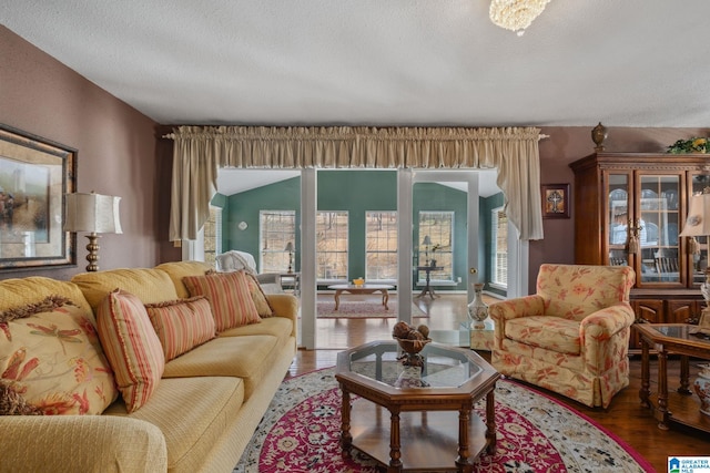 living area with wood finished floors and a textured ceiling