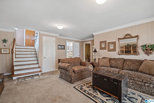 carpeted living area with stairway, baseboards, and ornamental molding