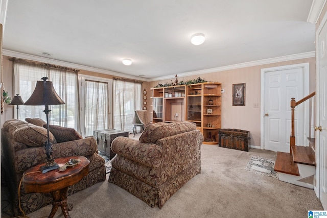 living area with crown molding, stairway, and light carpet