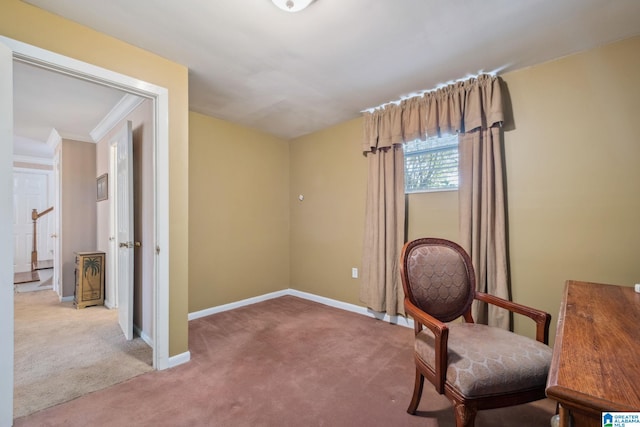 living area featuring crown molding, stairway, baseboards, and carpet floors