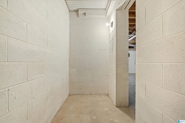 bathroom featuring unfinished concrete floors and concrete block wall