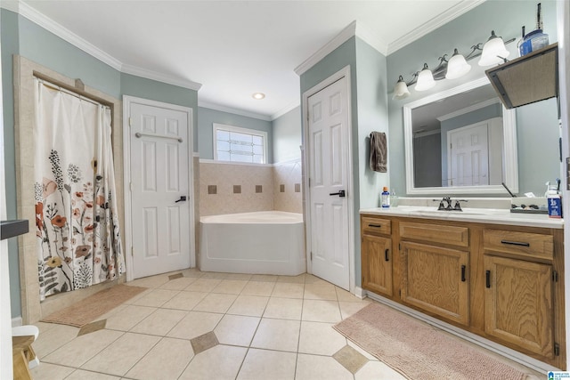 bathroom featuring tile patterned flooring, curtained shower, ornamental molding, a bath, and vanity