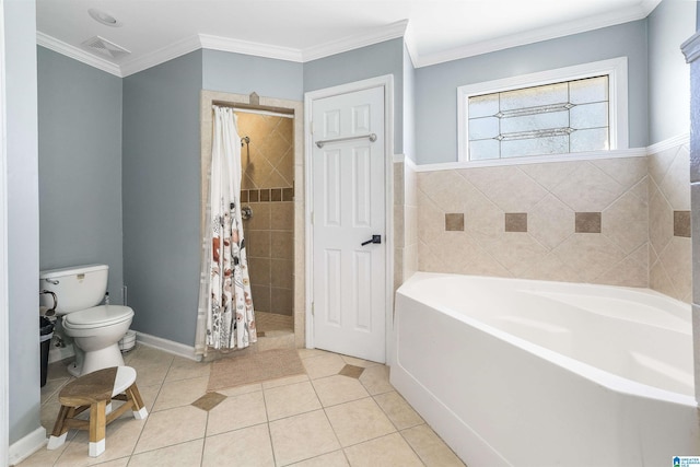 bathroom with visible vents, toilet, a garden tub, ornamental molding, and tile patterned floors