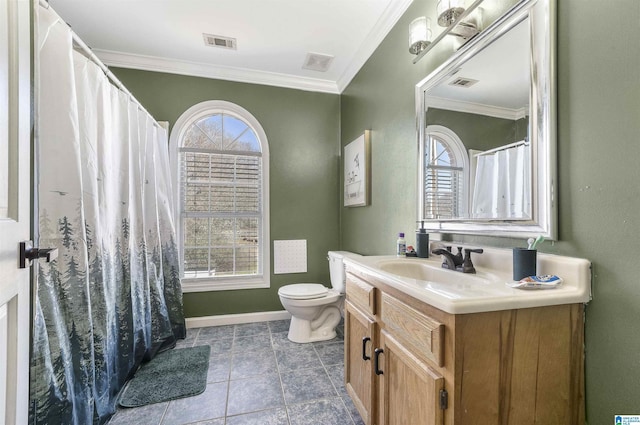 full bathroom with a wealth of natural light, visible vents, and crown molding