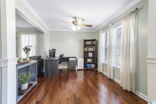 home office featuring hardwood / wood-style flooring, a healthy amount of sunlight, and ceiling fan