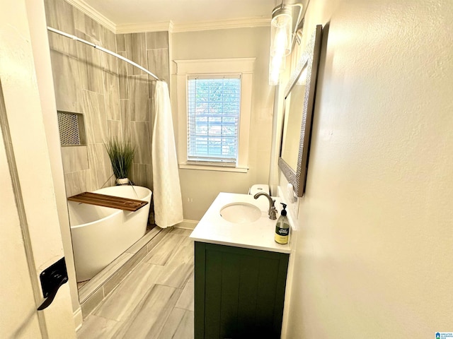 bathroom with crown molding, wood tiled floor, a bathing tub, a shower with curtain, and vanity