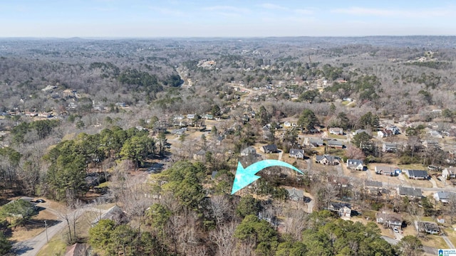 bird's eye view with a wooded view