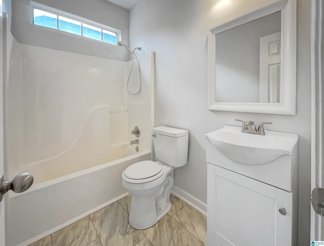 bathroom with shower / bath combination, baseboards, toilet, and vanity