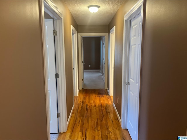 hallway featuring wood finished floors, baseboards, and a textured ceiling