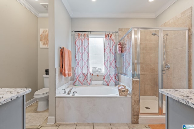 bathroom featuring a shower stall, vanity, crown molding, and a garden tub