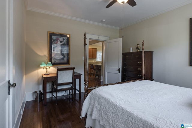 bedroom with ornamental molding, a ceiling fan, baseboards, and dark wood-style flooring