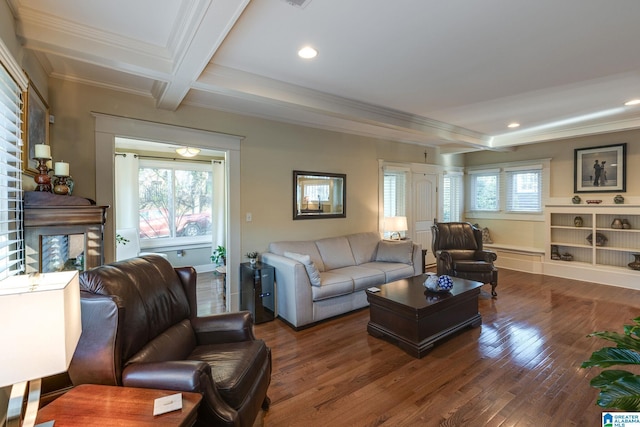 living room with ornamental molding, beam ceiling, recessed lighting, wood finished floors, and coffered ceiling