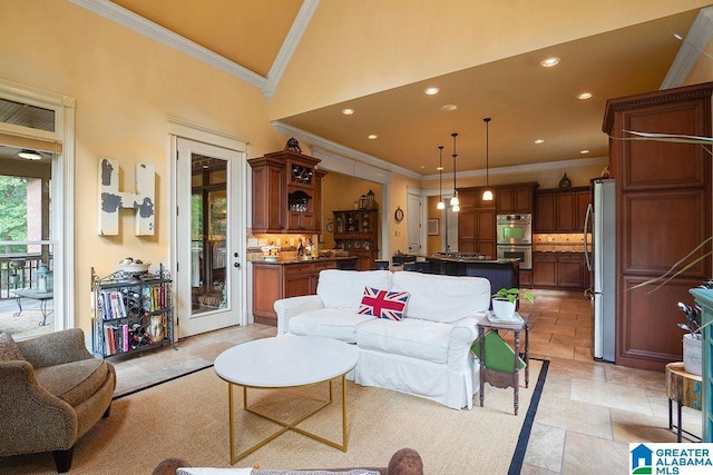 305 Camp Forrest Trl, Helena, AL 35080 - living room with ornamental molding, high vaulted ceiling, and recessed lighting