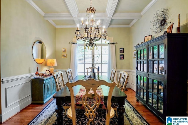 305 Camp Forrest Trl, Helena, AL 35080 - dining area featuring a chandelier, coffered ceiling, beamed ceiling, wood finished floors, and crown molding