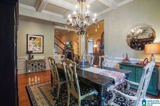 305 Camp Forrest Trl, Helena, AL 35080 - dining area with a chandelier, wood finished floors, beam ceiling, wainscoting, and crown molding