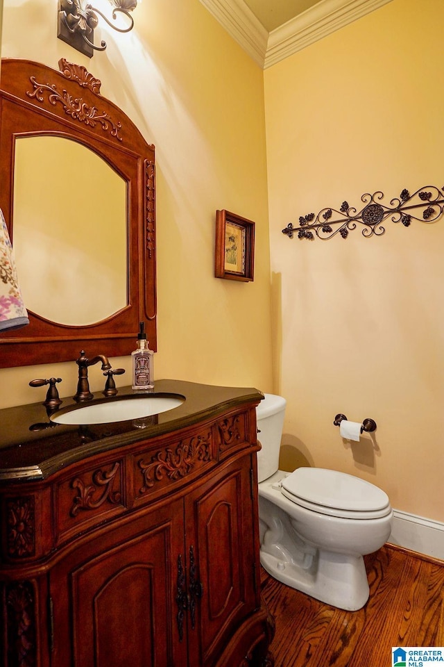 305 Camp Forrest Trl, Helena, AL 35080 - half bathroom with vanity, crown molding, and wood finished floors