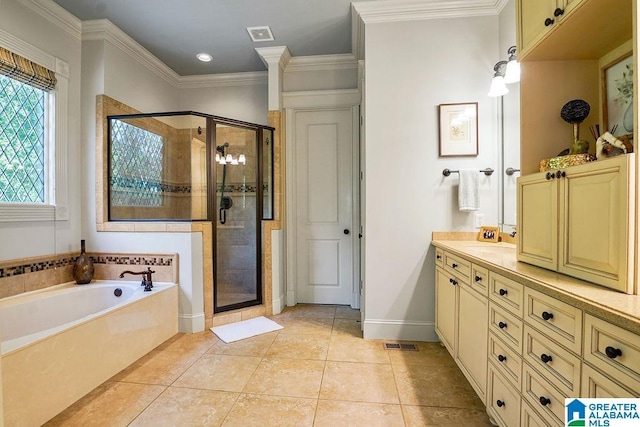 305 Camp Forrest Trl, Helena, AL 35080 - full bath featuring vanity, a bath, a stall shower, tile patterned flooring, and crown molding
