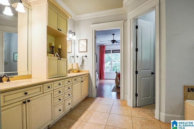 305 Camp Forrest Trl, Helena, AL 35080 - ensuite bathroom with ornamental molding, double vanity, a ceiling fan, and tile patterned flooring