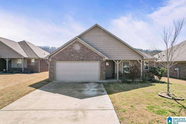 view of front of house with brick siding, an attached garage, concrete driveway, and a front yard