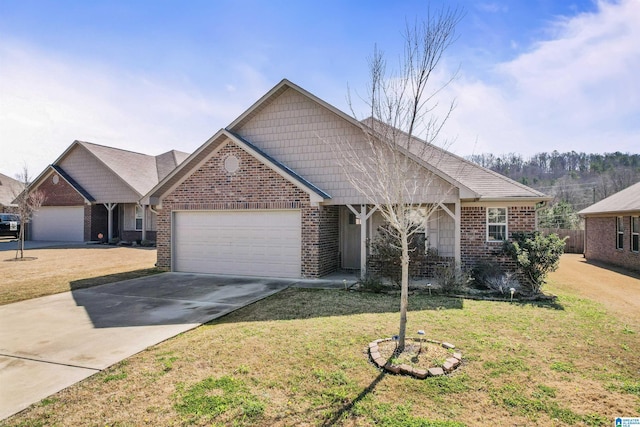 view of front of house featuring brick siding, a garage, concrete driveway, and a front lawn