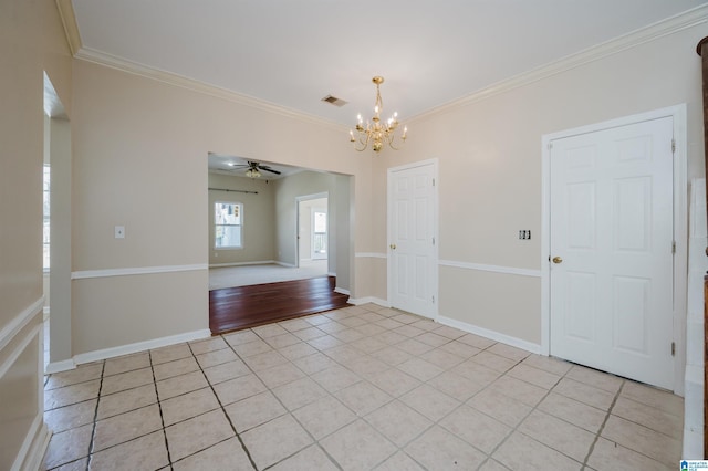 entryway with light tile patterned floors, visible vents, baseboards, ornamental molding, and ceiling fan with notable chandelier