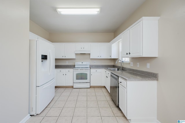 kitchen with light tile patterned floors, white cabinets, white appliances, and a sink