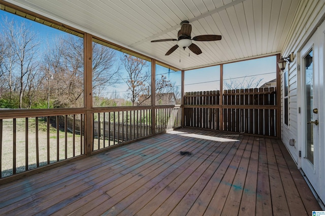 wooden terrace featuring ceiling fan