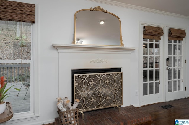 details featuring crown molding and a fireplace with raised hearth