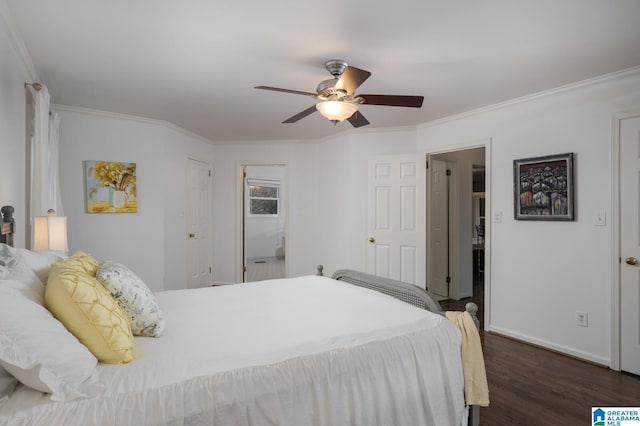 bedroom featuring dark wood finished floors, ceiling fan, crown molding, and baseboards