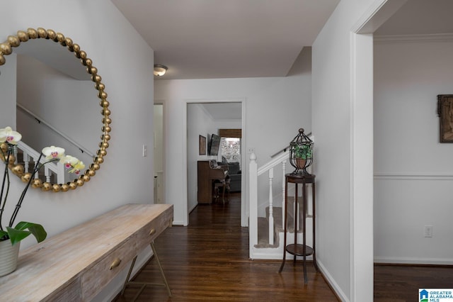 corridor featuring baseboards and dark wood-style flooring