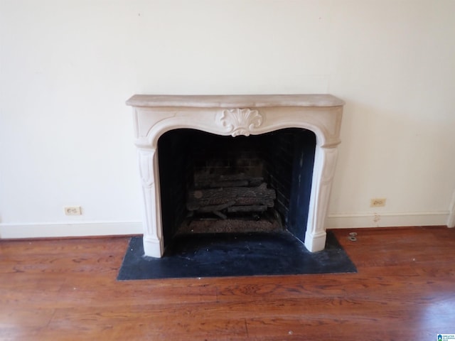 room details featuring baseboards, wood finished floors, and a fireplace