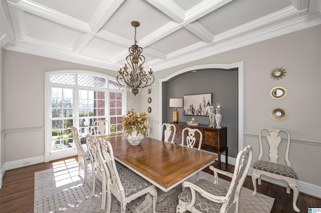 dining area featuring a notable chandelier, baseboards, coffered ceiling, and wood finished floors