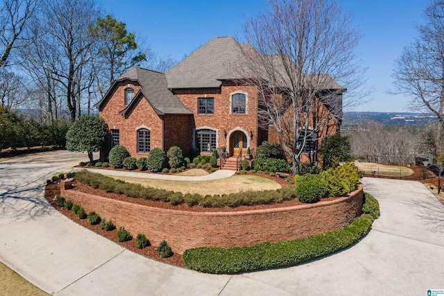 view of front facade with brick siding, driveway, and roof with shingles