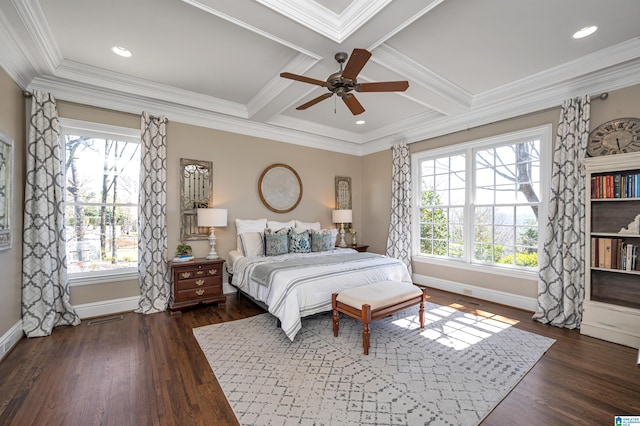 bedroom featuring baseboards, visible vents, coffered ceiling, dark wood-type flooring, and crown molding