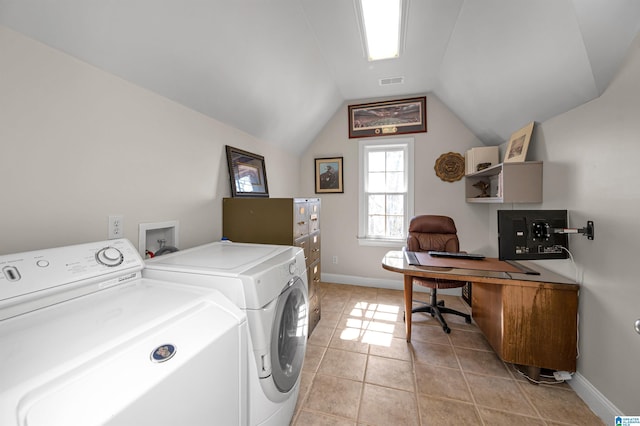 washroom featuring light tile patterned floors, visible vents, baseboards, laundry area, and independent washer and dryer