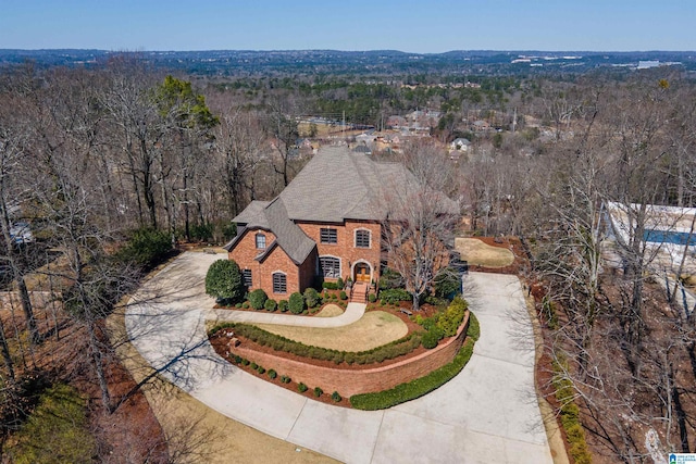 bird's eye view with a wooded view