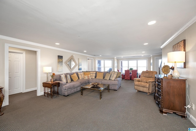 carpeted living area with recessed lighting, baseboards, and ornamental molding