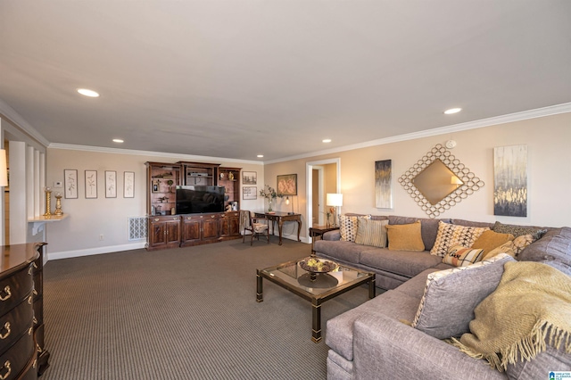 living room featuring crown molding, recessed lighting, dark colored carpet, and baseboards