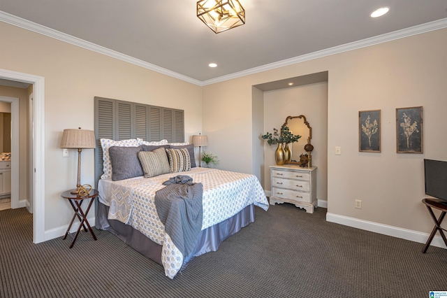 carpeted bedroom with recessed lighting, baseboards, and ornamental molding