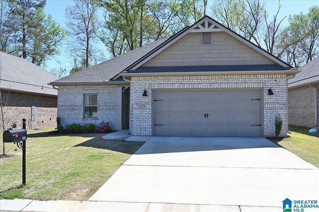 view of front facade with brick siding, a garage, driveway, and a front yard