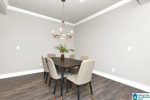 dining area featuring baseboards, ornamental molding, and dark wood-style flooring