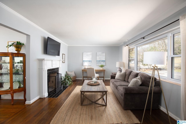 living room featuring a tiled fireplace, crown molding, wood finished floors, and baseboards