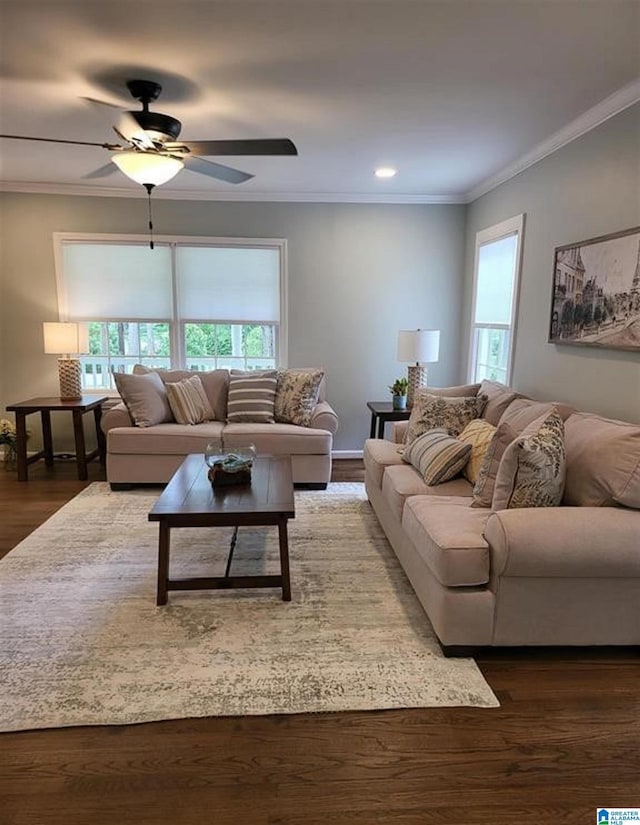 living area with recessed lighting, crown molding, ceiling fan, and wood finished floors