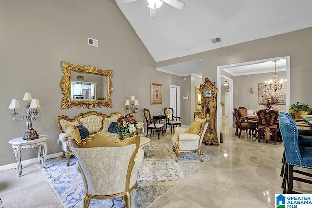 living area featuring visible vents, baseboards, ornamental molding, and ceiling fan with notable chandelier